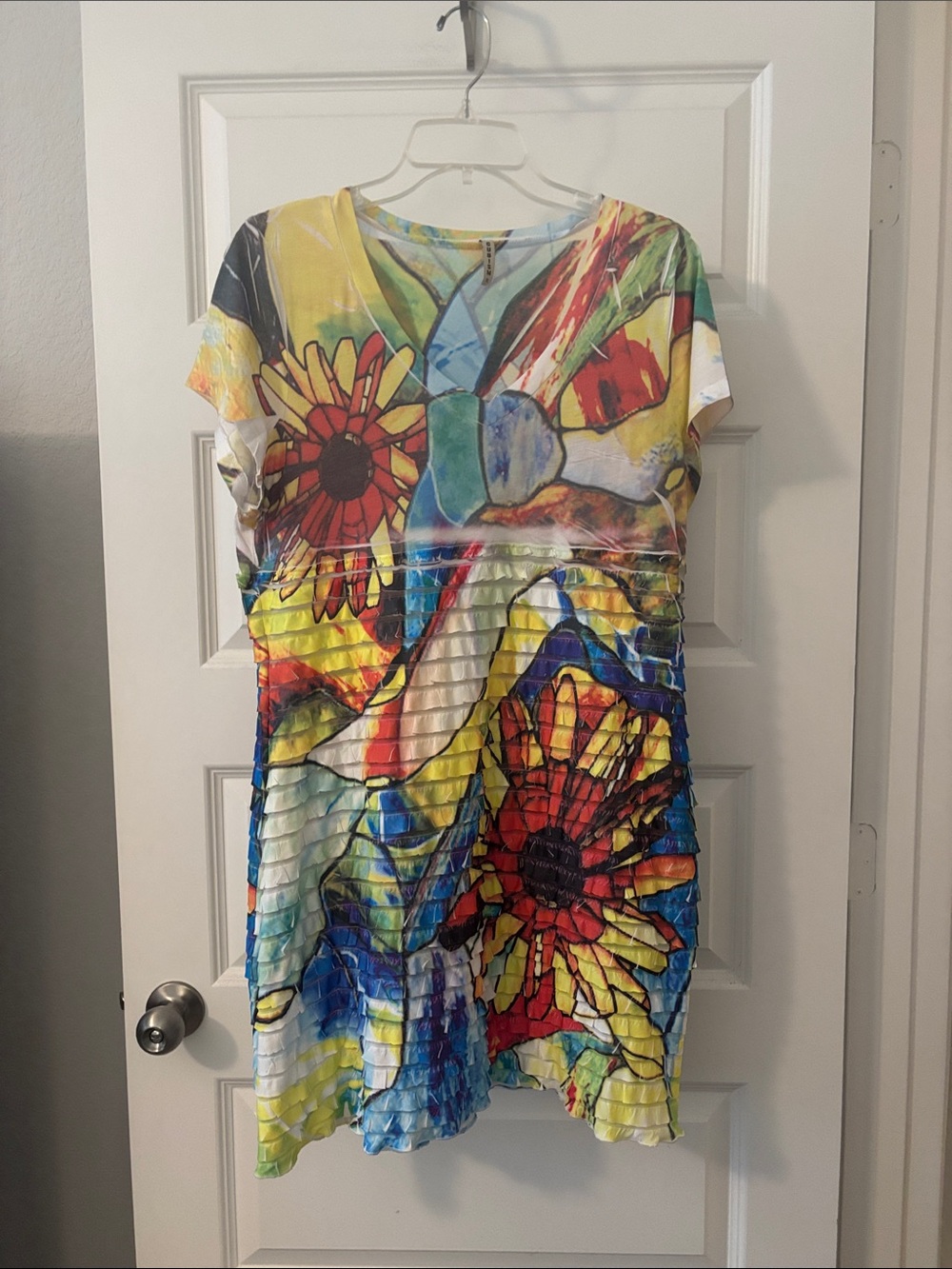 VTG Cubism Multi Color Mini Dress SZ XL stained-glass aesthetics ruffle tier 90s